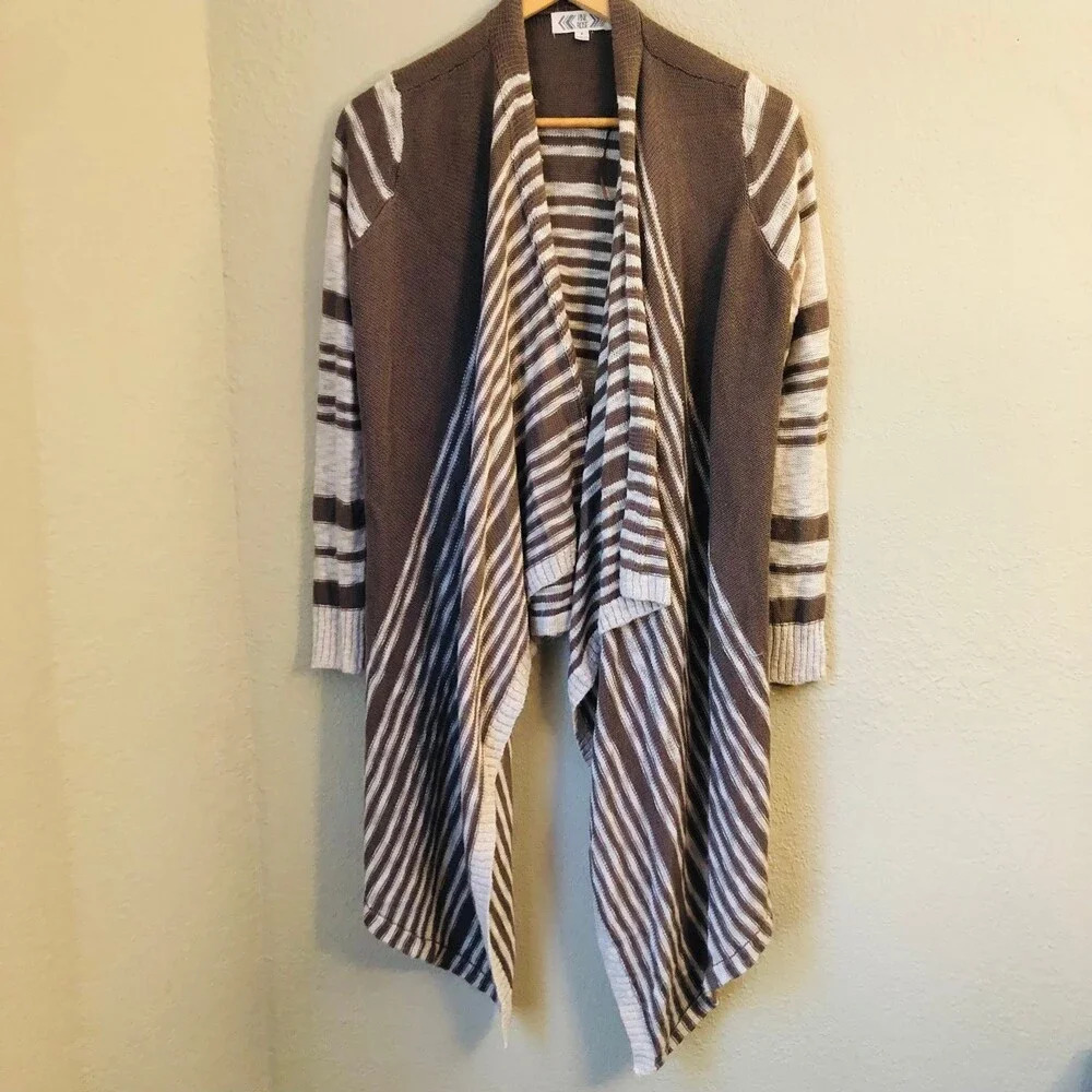 Pink Rose Small Waterfall High-Low Cardigan Brown White Striped Classy Minimal